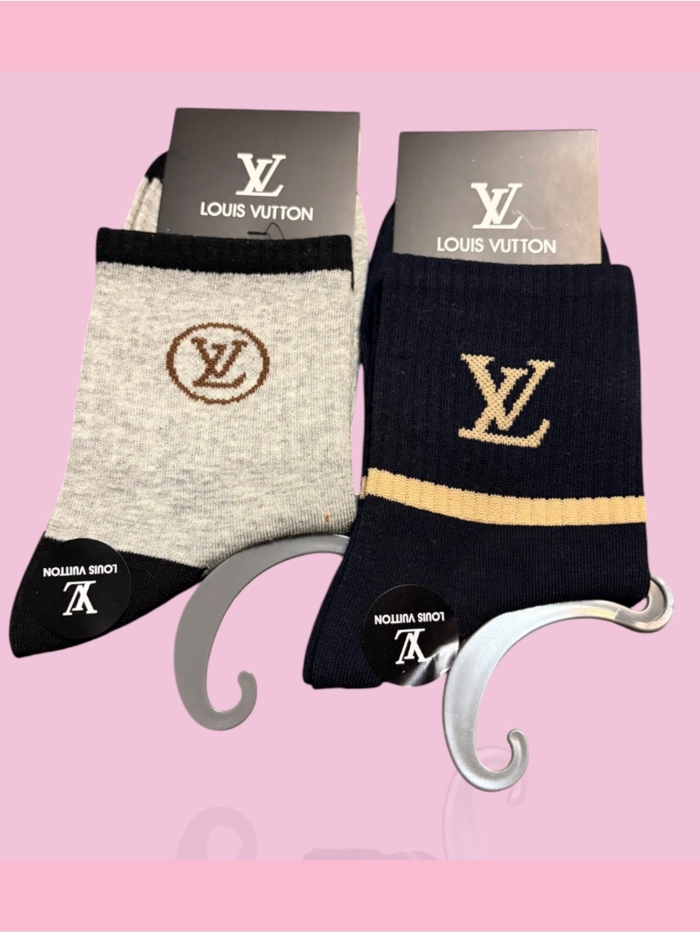 Louis Vuitton unisex Logo Crew Socks in Gray, Navy & Tan two pairs